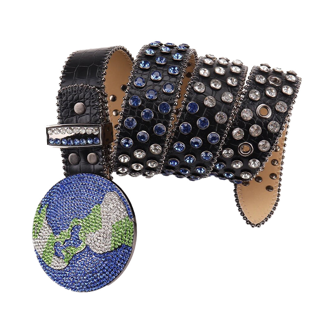 Globe Buckle Black Strap With Silver & Blue Encrusted Rhinestone Belt