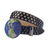 Globe Buckle Black Strap With Silver & Blue Encrusted Rhinestone Belt