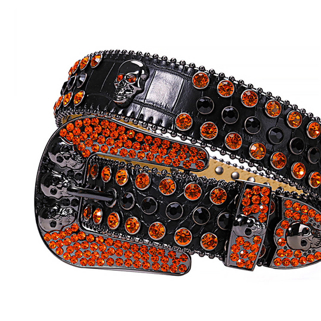 Skull Buckle Black Strap With Black & Orange Rhinestone Waist Belt