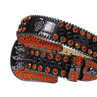 Skull Buckle Black Strap With Black & Orange Rhinestone Waist Belt