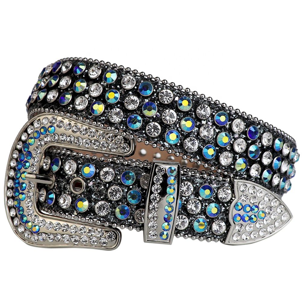 Sparkling Rhinestone Black Belt And Blue & Diamond Faceted Crystals stones Silver Buckle Embellished With Blue & Diamond Rhinestones