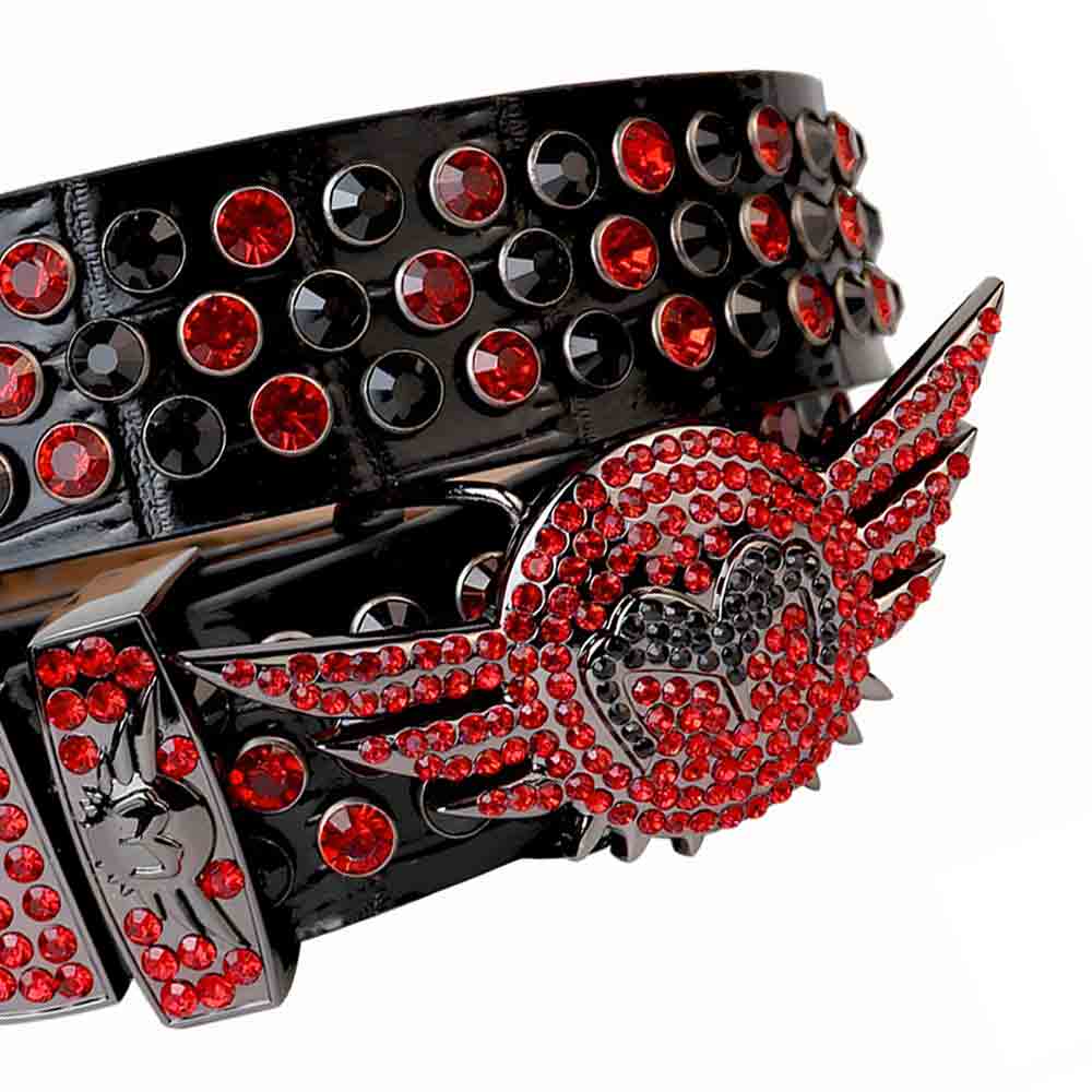 Angel Wing Buckle Black Strap With Black & Red Embellished Rhinestone Belt