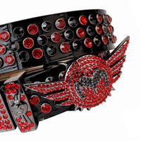 Angel Wing Buckle Black Strap With Black & Red Embellished Rhinestone Belt