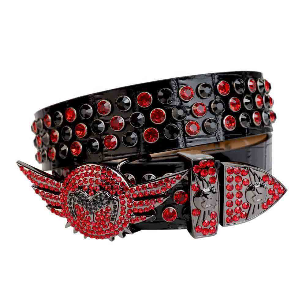 Angel Wing Buckle Black Strap With Black & Red Embellished Rhinestone Belt