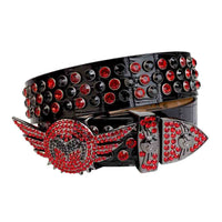 Angel Wing Buckle Black Strap With Black & Red Embellished Rhinestone Belt