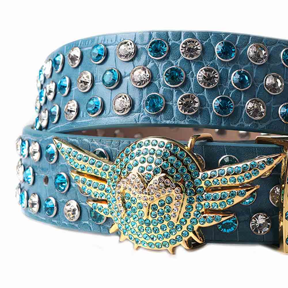 Angel Wings Buckle, Cyan Strap With Cyan & Transparent Adorned Rhinestone Belt
