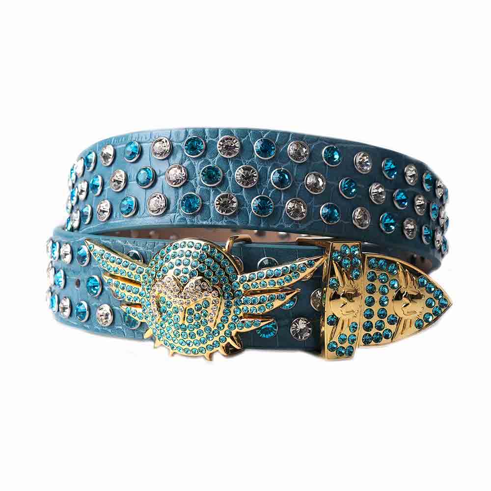 Angel Wings Buckle, Cyan Strap With Cyan & Transparent Adorned Rhinestone Belt