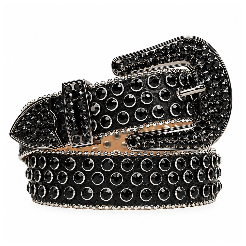 Black Rhinestone Western Belt with Gunmetal Buckle - front view