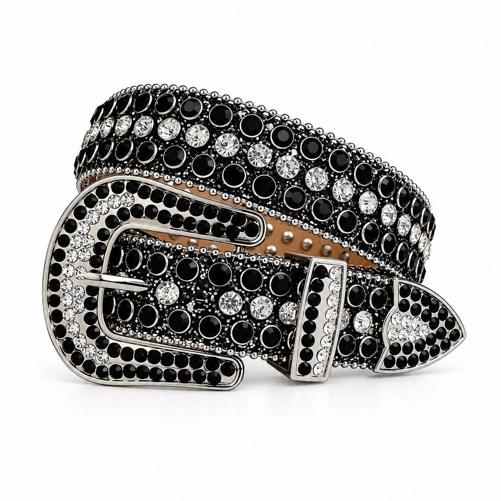 Black and Clear Rhinestone Western Belt with Gunmetal Buckle - front view