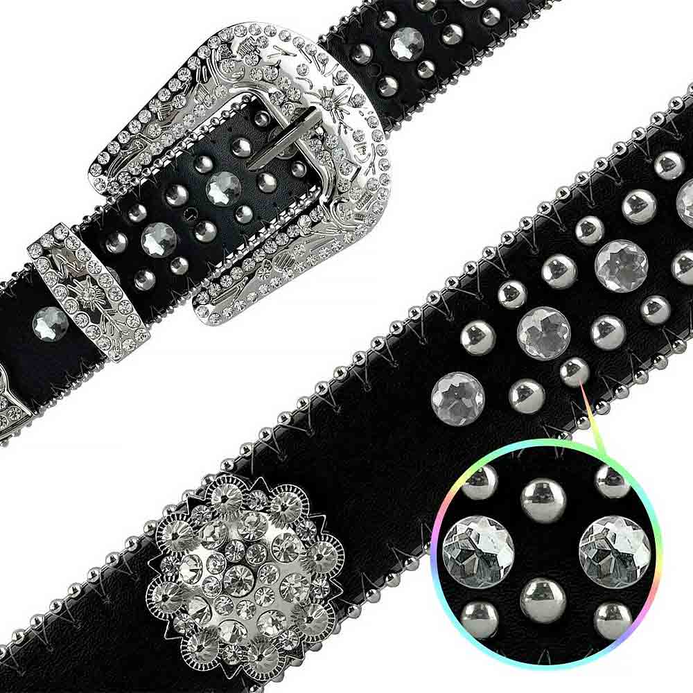 Black Flower With Studs And White Studs Embellished Rhinestones Belts