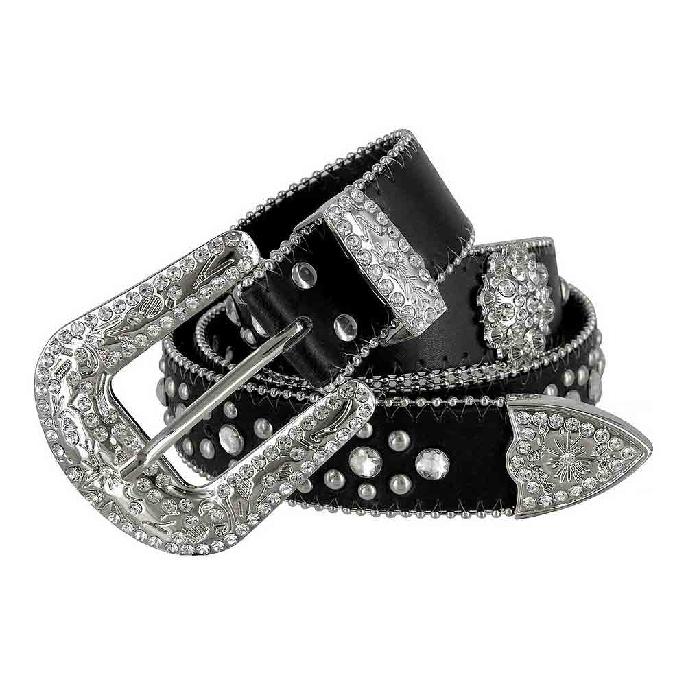 Black Flower With Studs And White Studs Embellished Rhinestones Belts