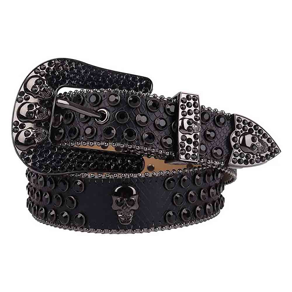 Black Genuine Leather Belt And Black Buckle Embellished with Black Rhinestones