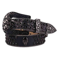 Black Genuine Leather Belt And Black Buckle Embellished with Black Rhinestones