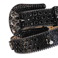 Black Genuine Leather Belt And Black Buckle Embellished with Black Rhinestones