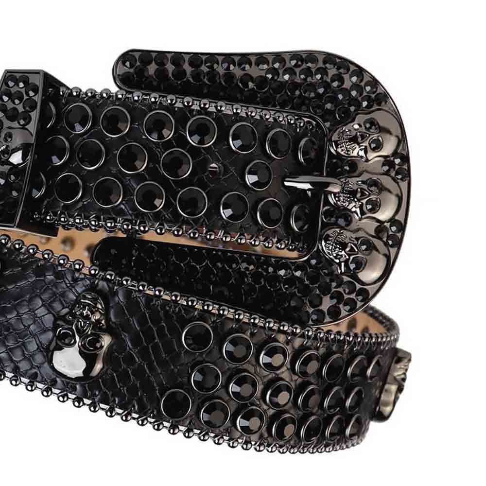 Black Strap With 7 Skulls Black Embellished Rhinestone Belt