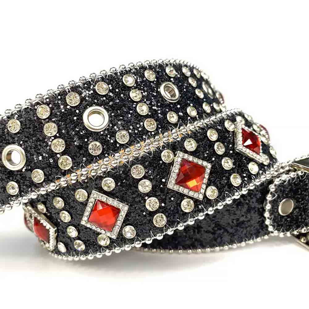 Black Strap With Big Red & Transparent Embellished Rhinestone Belt