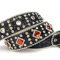 Black Strap With Big Red & Transparent Embellished Rhinestone Belt