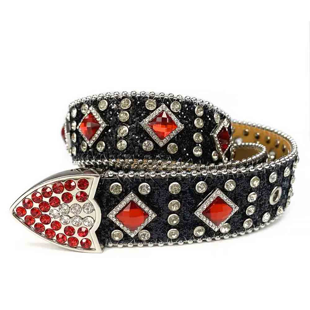 Black Strap With Big Red & Transparent Embellished Rhinestone Belt