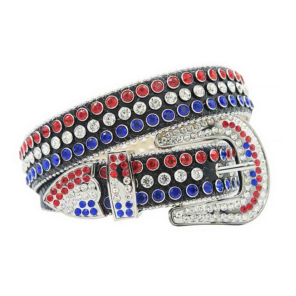 Black Strap With Blue, Red & White Encrusted Rhinestone Belt
