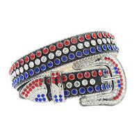 Black Strap With Blue, Red & White Encrusted Rhinestone Belt