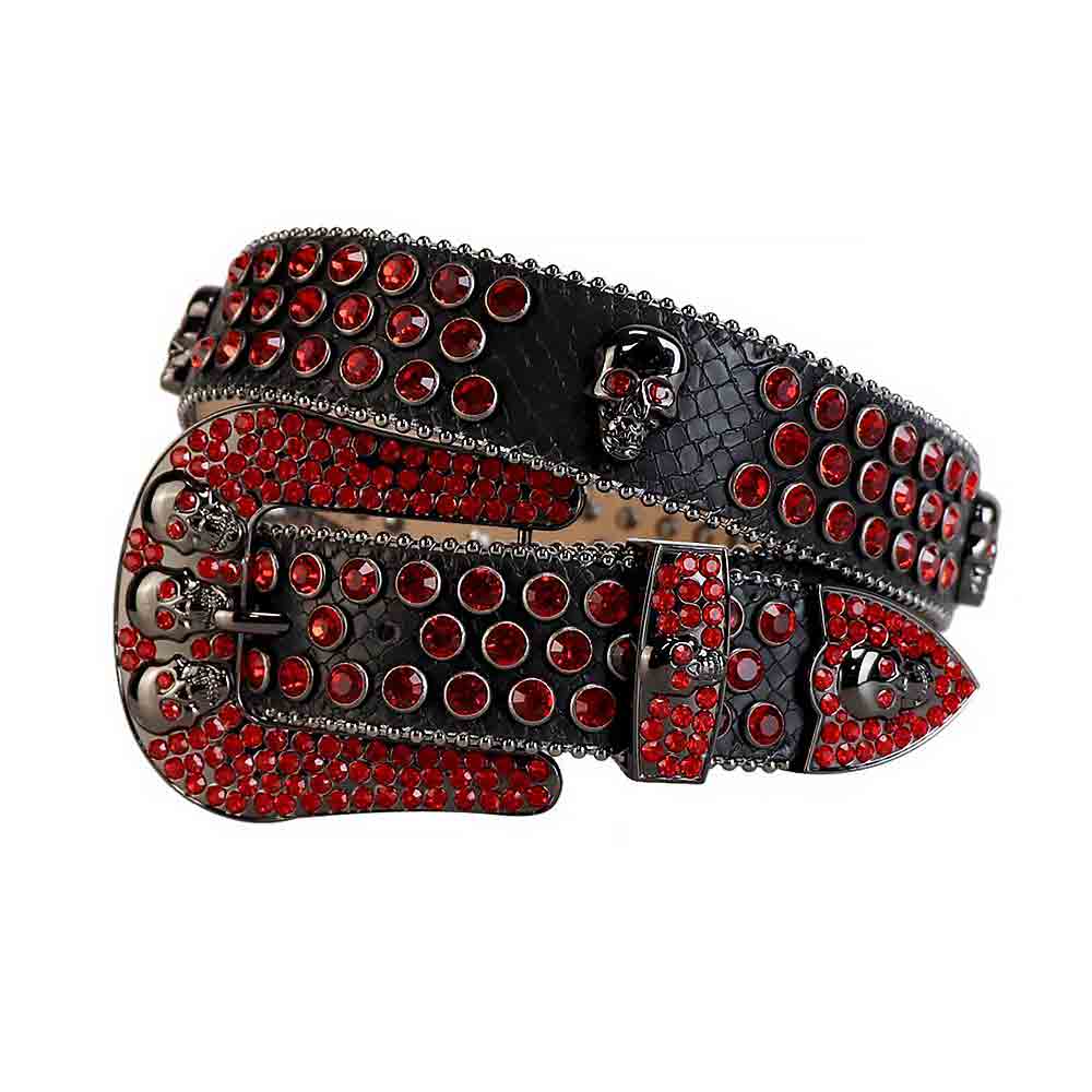 Black Strap With Red Adorned Rhinestone Belt with Black Skulls Red Buckle