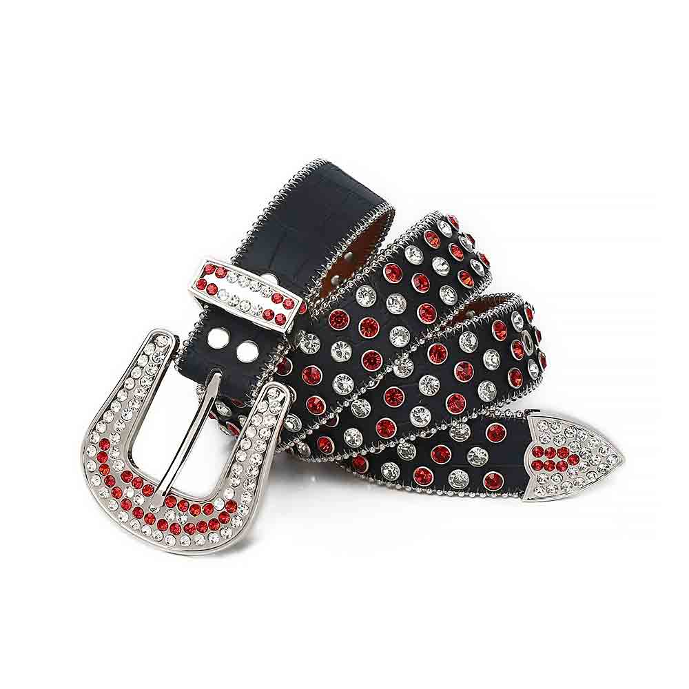 Black Strap With Red & White Rhinestone Glimmering BB Belt