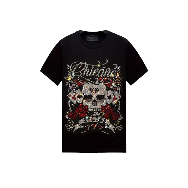 Sparkling Rhinestone Skull With Rose Black T-shirt