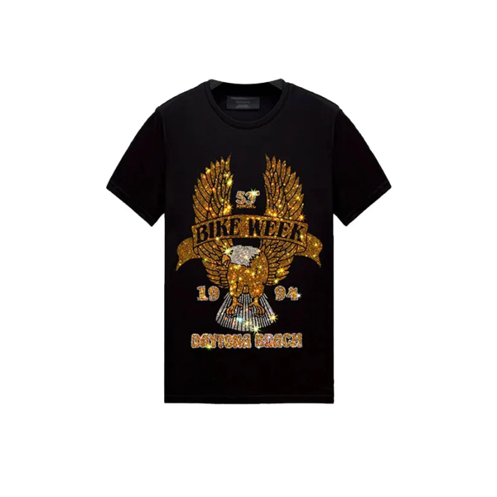 Crystal-Studded Eagle Wing Biker T-shirt