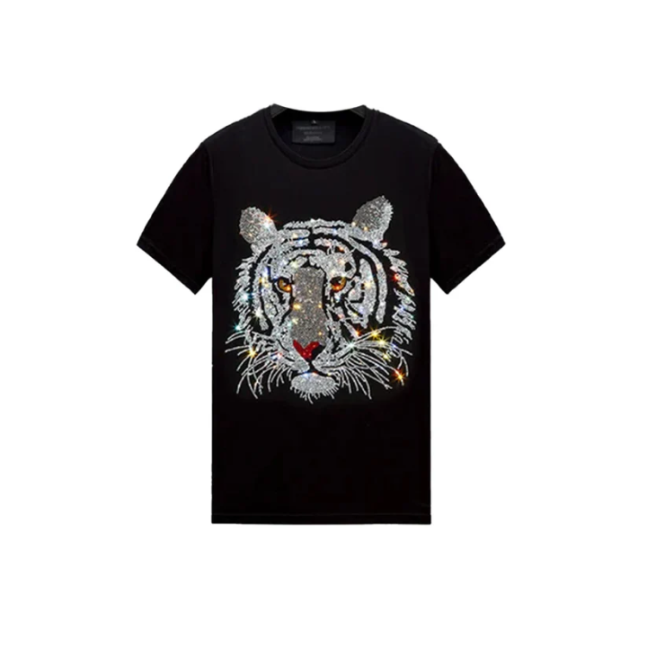 Crystal-Studded Tiger Print Black T-shirt