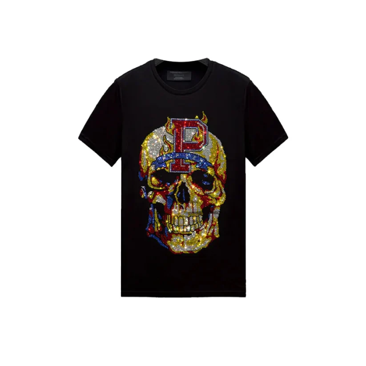 Crystal-Studded Pirates Print Skull Black T-shirt