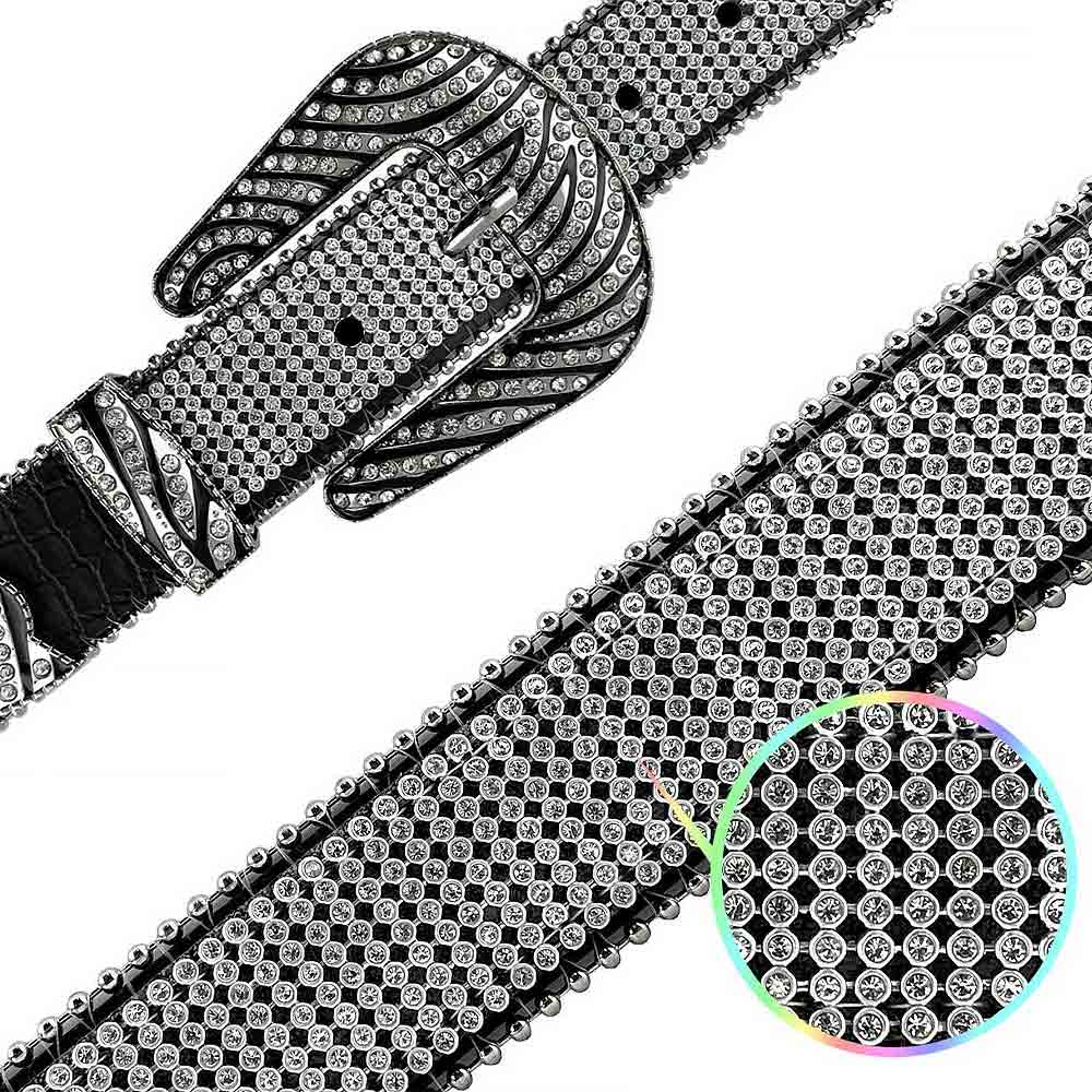 Black With Design White Gems Embellished Rhinestones Belts
