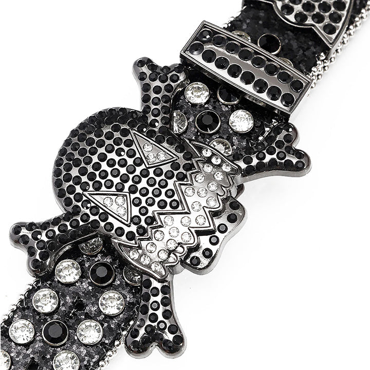Gengar Buckle Black Strap Belt with Black & Faceted Crystal Embellished Rhinestones