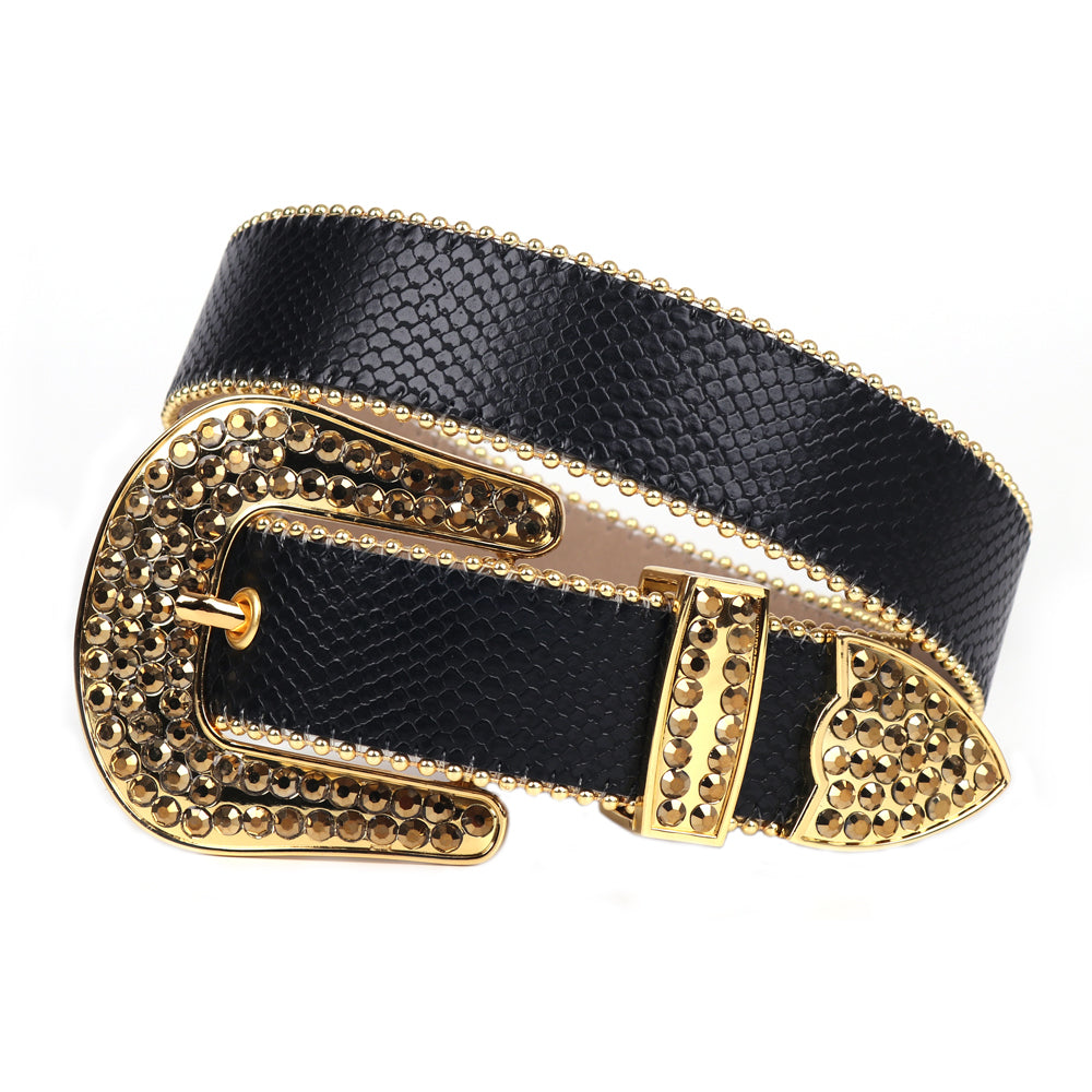Snakeskin-Texture Western Belt with Rhinestone Buckle