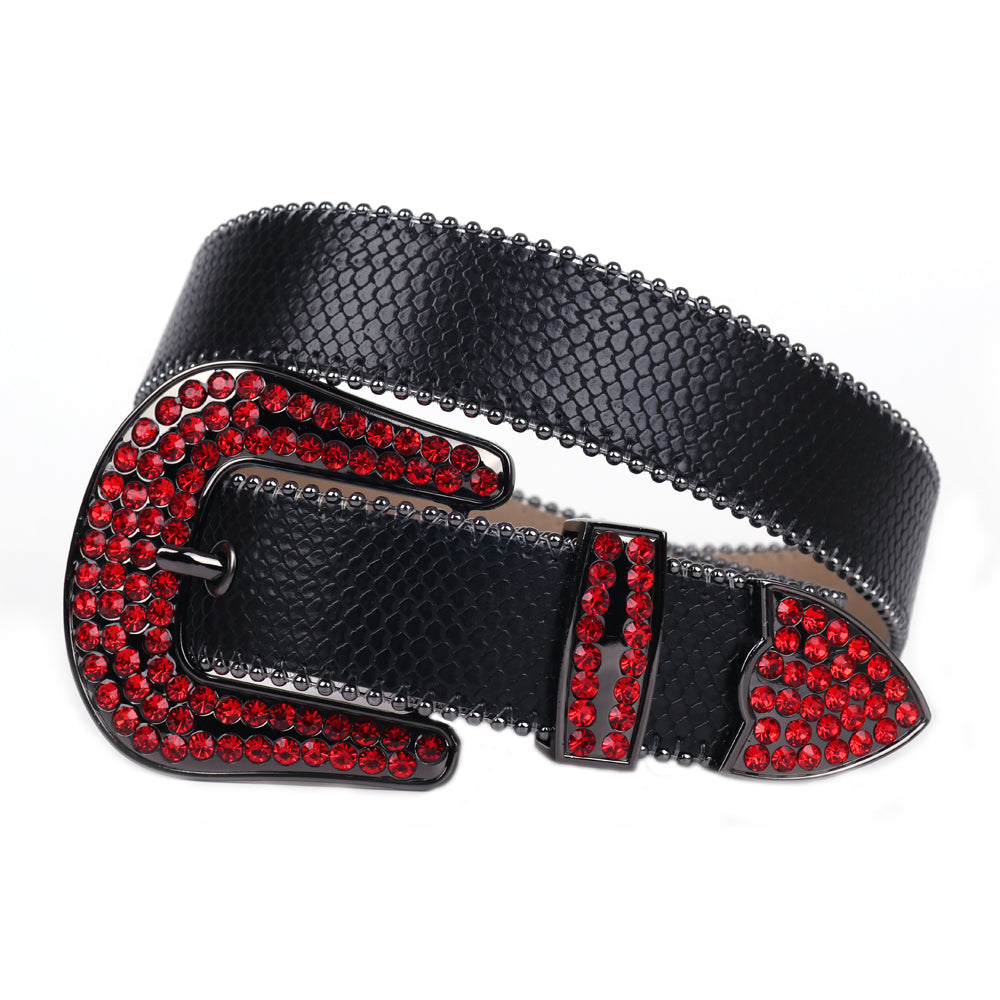 Snakeskin-Texture Western Belt with Rhinestone Buckle