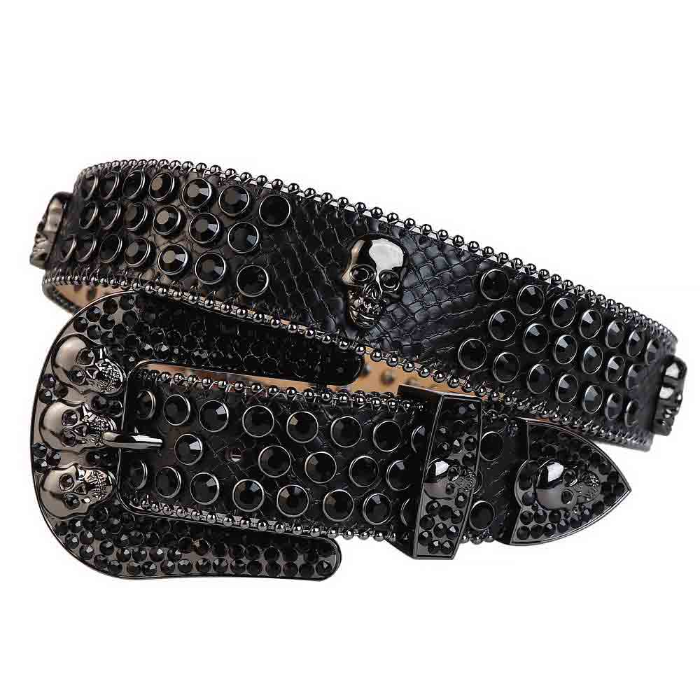 Black Strap With 7 Skulls Black Adorned Rhinestone Belt
