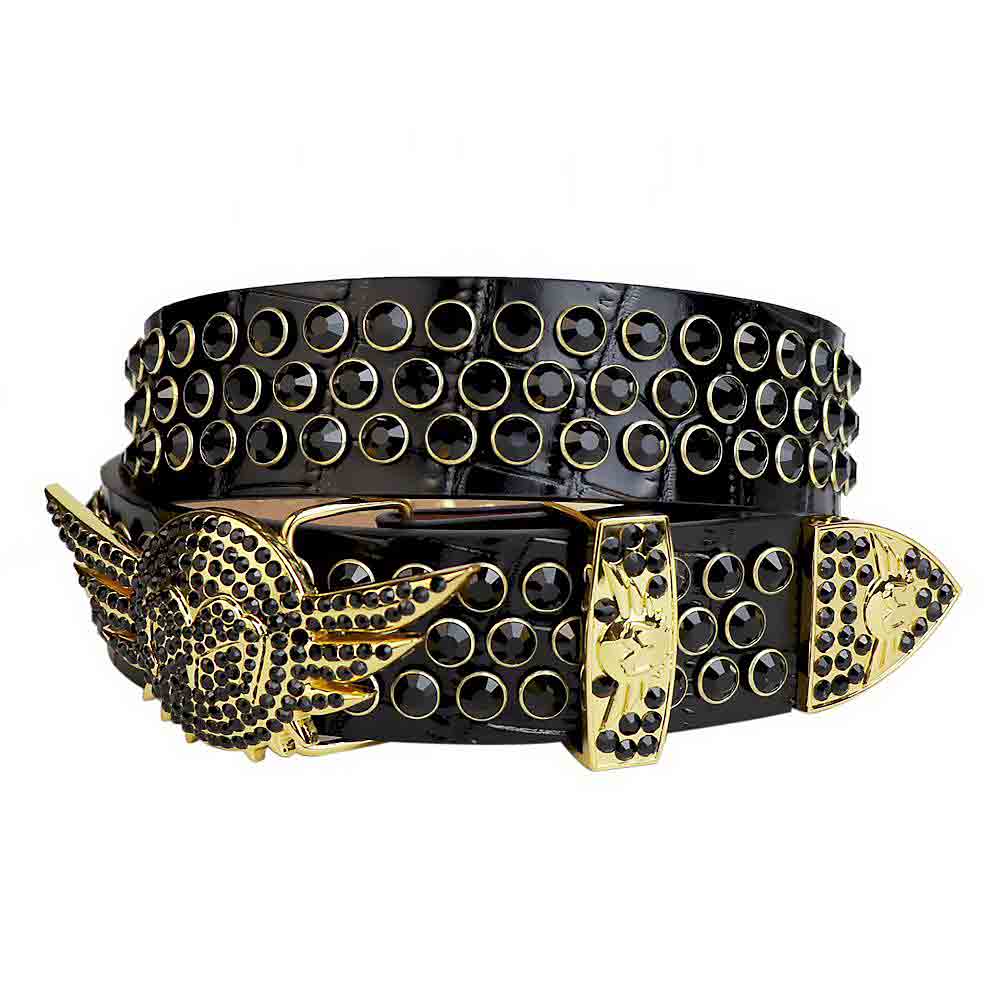 Black Strap With Black Embellished Rhinestone Belt with Gold Wings Shaped Black Buckle