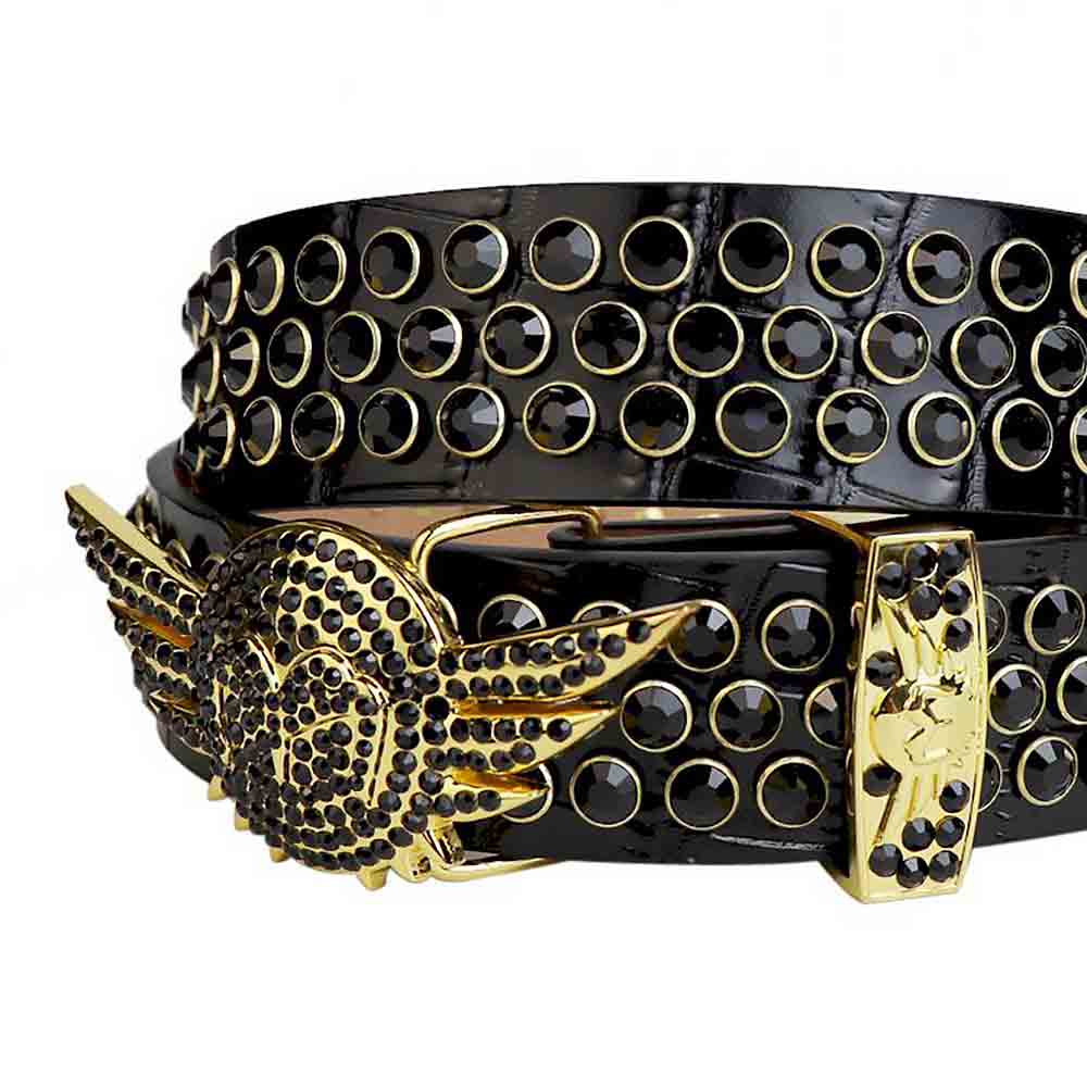 Black Strap With Black Encrusted Rhinestone Belt with Gold Wings Shaped Black Buckle