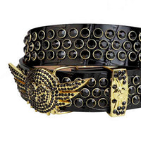 Black Strap With Black Encrusted Rhinestone Belt with Gold Wings Shaped Black Buckle