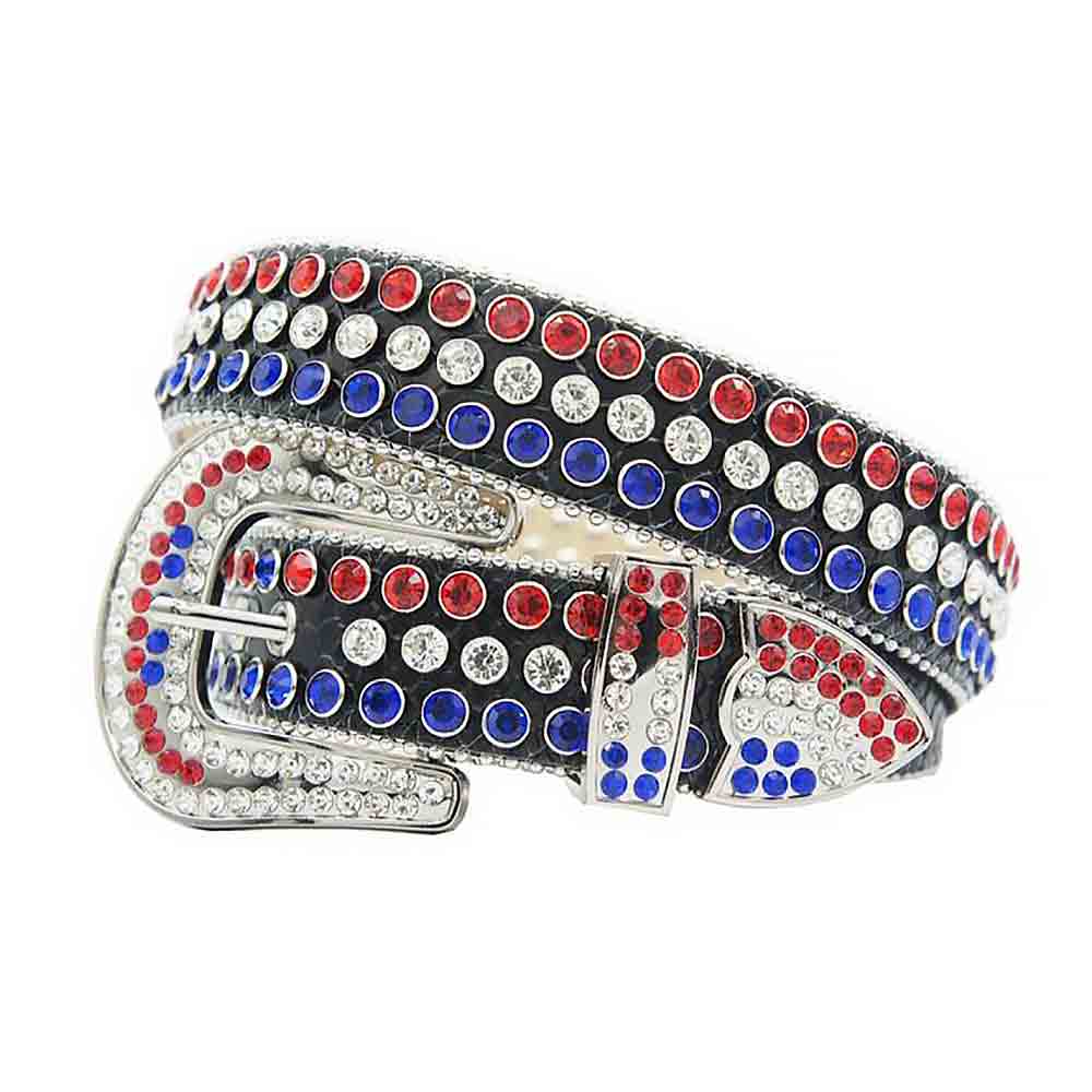 Black Strap With Blue, Red & White Encrusted Rhinestone Belt