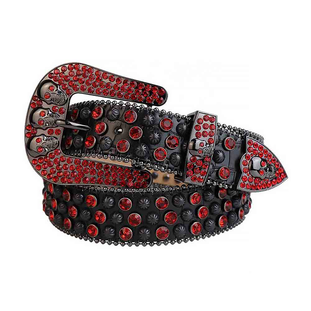 Black Strap With Red Adorned Rhinestone Belt with 3 Skulls Black Red Buckle
