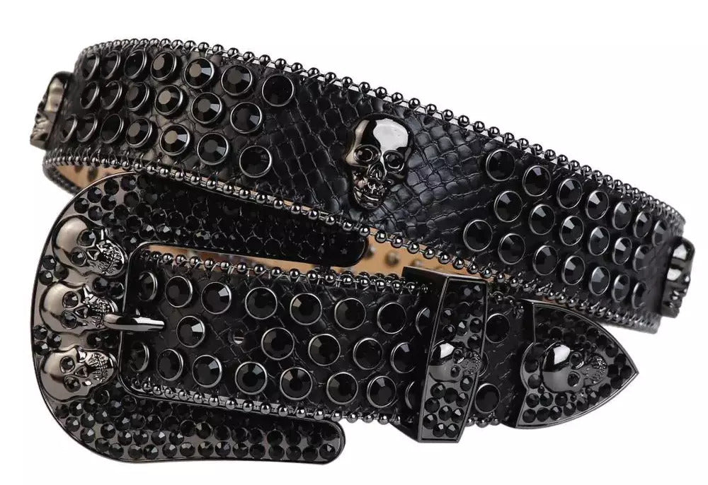 Black Strap With 7 Skulls Black Embellished Rhinestone Belt
