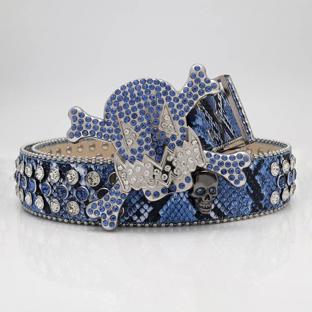 Gengar Buckle Snake Blue Strap Belt with Blue Encrusted Rhinestones