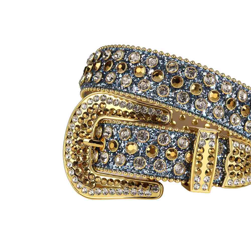Blue Strap With Gold & White Encrusted Rhinestone Belt