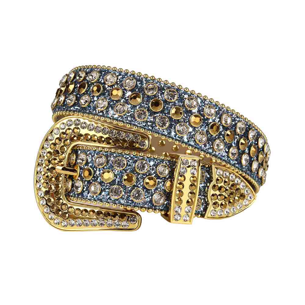 Blue Strap With Gold & White Encrusted Rhinestone Belt