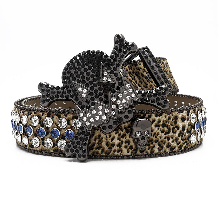 Gengar Buckle Leopard Strap Belt with Black Embellished Rhinestones