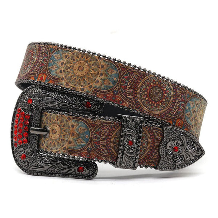 Engraved Zombie Art Buckle Belt Red Adorned Strap with Rhinestones