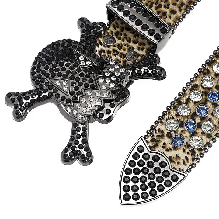 Gengar Buckle Leopard Strap Belt with Black Embellished Rhinestones