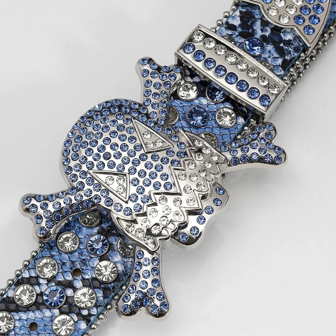 Gengar Buckle Snake Blue Strap Belt with Blue Encrusted Rhinestones