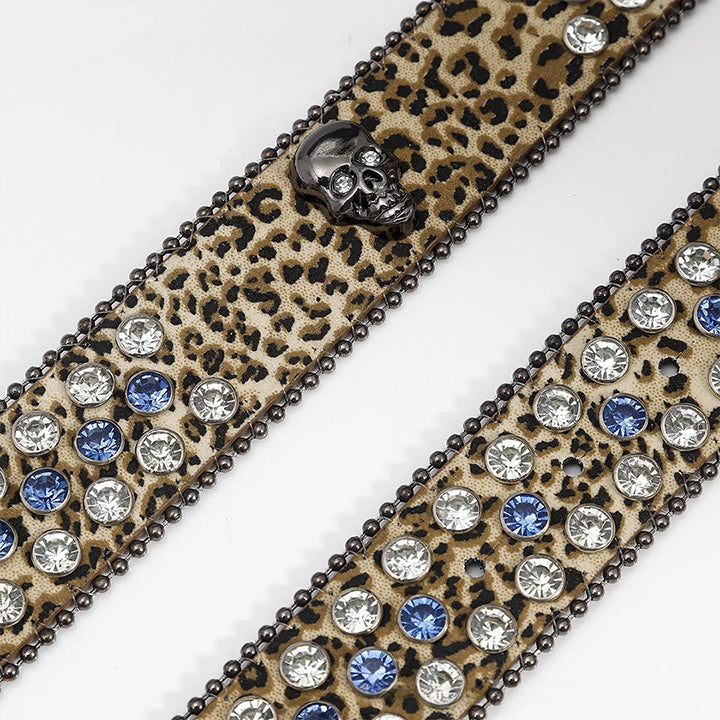 Gengar Buckle Leopard Strap Belt with Black Embellished Rhinestones