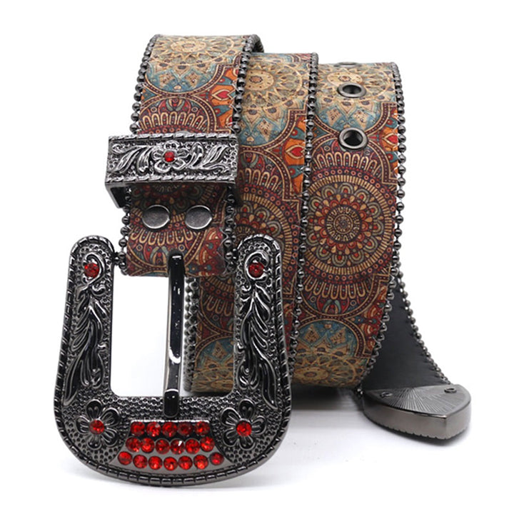 Engraved Zombie Art Buckle Belt Red Encrusted Strap with Rhinestones
